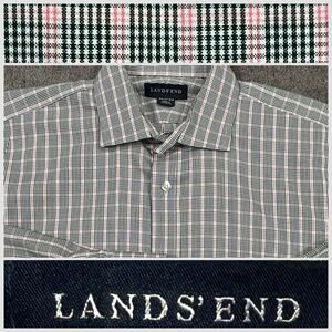 Land's End M 15.5X33 Pinpoint Oxford Pink Green Plaid Spread Collar Long Sleeve
